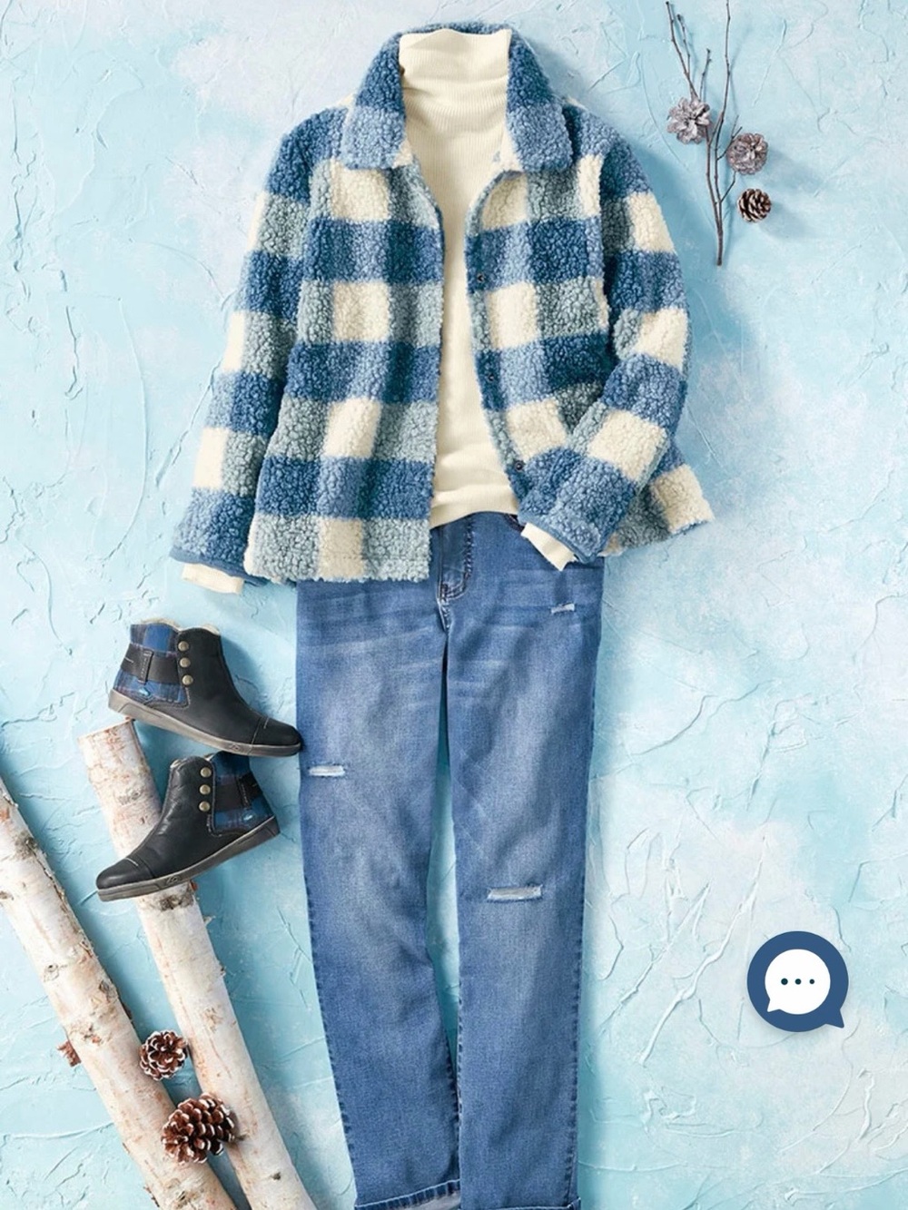 Coldwater Creek Blue and Cream Check Sherpa Coat